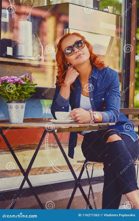 Redhead Female Drinks Coffee In A Cafe Stock Image Image Of Relaxing Elegant 116271363