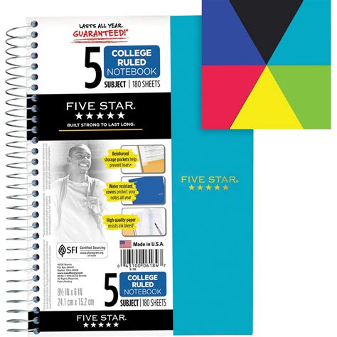 Five Star 5 Subject Notebook Wire Bound College Ruled 6 X 9 12