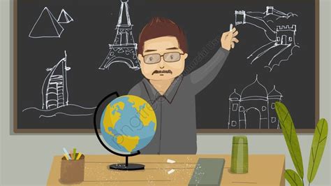 A Man Is Pointing To The Earth On A Chalkboard In Front Of His Desk