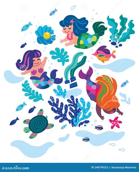Cute Little Mermaids Are Swimming Under The Sea Vector Illustration