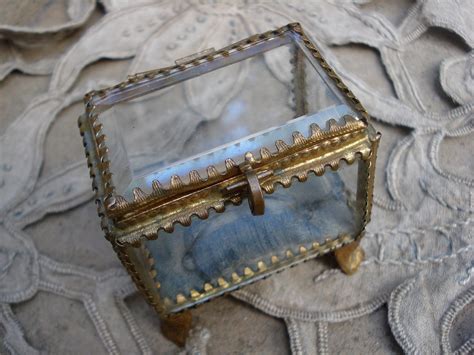 Antique Glass Jewelry Box Trinket Blue Silk Lining By Sissidavril