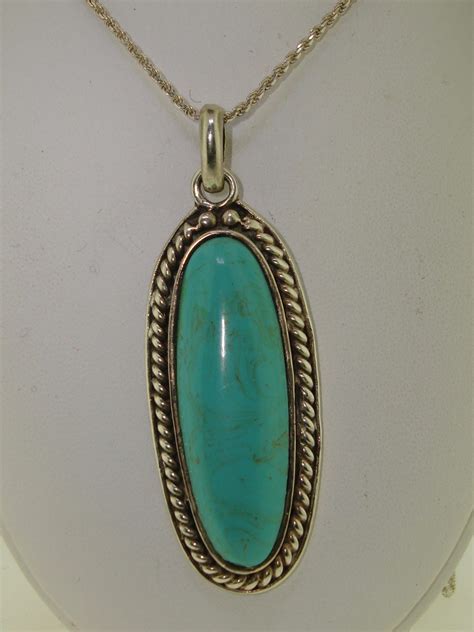 Heavy Sterling Silver Polished Turquoise Pendant Necklace Federal