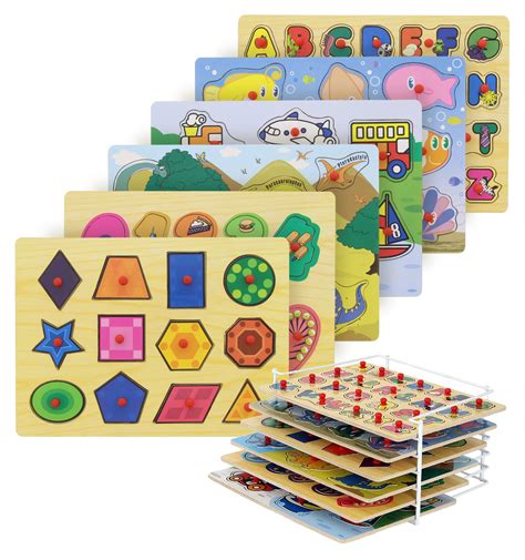 Etna Wood Peg Puzzle Set With 6 Puzzles And Wire Storage Rack Abc Numbers Shapes Vehicles