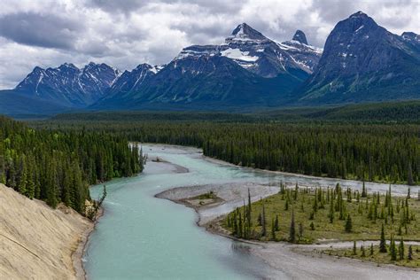 Athabasca River And Mountains In Jasper National Park Canadian Rockies