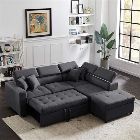 Modern Convertible Sectional Sofa Black Upholstery Adjustable Headrests