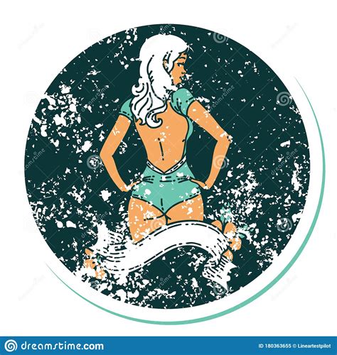 Distressed Sticker Tattoo Style Icon Of A Pinup Swimsuit Girl With Banner Stock Vector