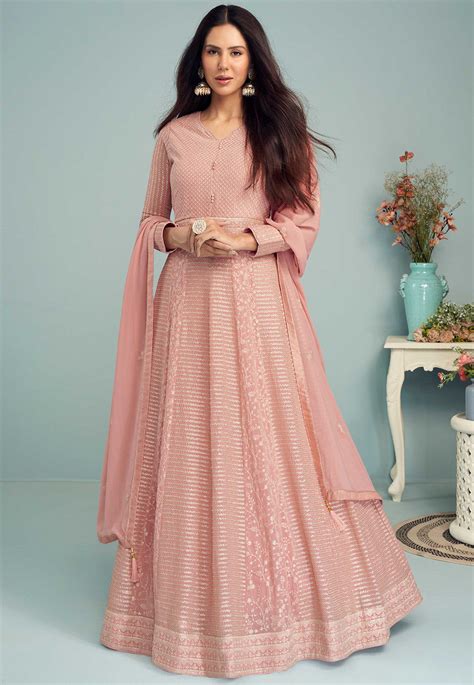 Embroidered Georgette Abaya Style Suit In Peach Kch9680