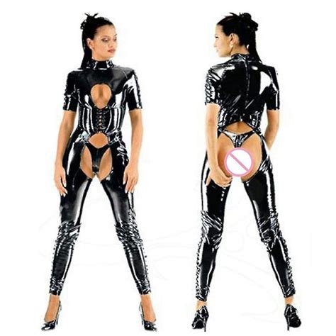 S Xxl Sexy Women Faux Leather Bodycon Fetish Wet Look Catsuit Black Pvc Bodysuit Open Crotch