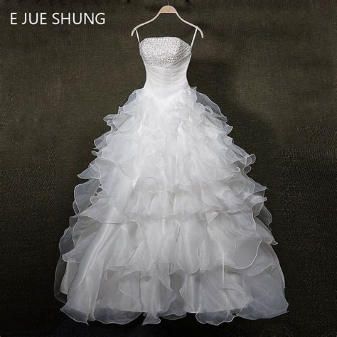 E Jue Shung White Organza Pearls Wedding Dresses 2017 Tiers Lace Up