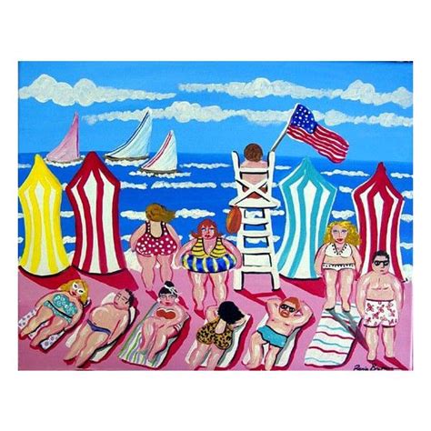 Whimsical Beach People Divas Boats Fun Colorful Folk Art Painting Renie
