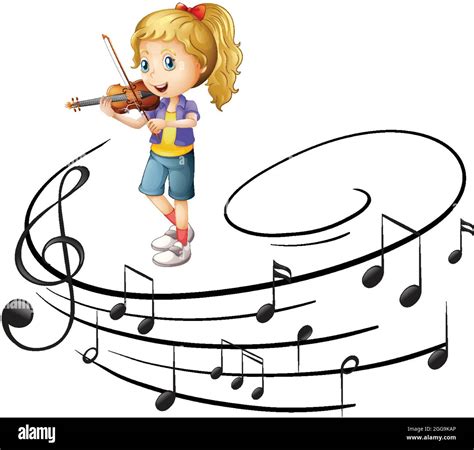 A Girl Playing Violin Cartoon Character With Melody Symbols