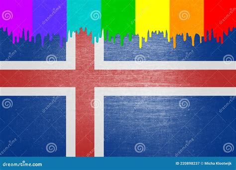 Paint Rainbow Flag Is Dripping Over The National Flag Of Iceland Stock