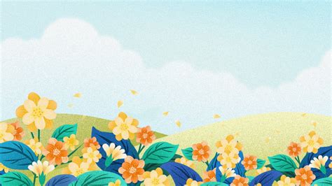 Green Hillside Colored Flowers Blue Sky Cartoon Background Green