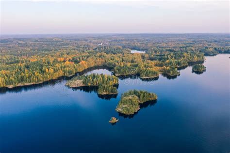 Aerial Shot Of Islands Lake And Forest In Autumn Stock Photo Image