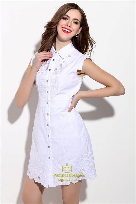 Embroidered White Sleeveless Button Front T Shirt Dress