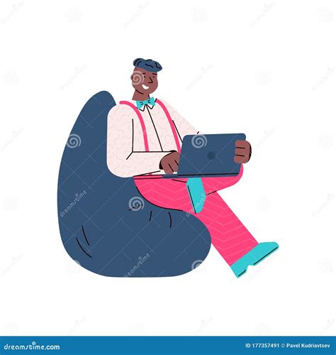 Cartoon Man With Laptop Sitting On Bean Bag Chair And Smiling Stock