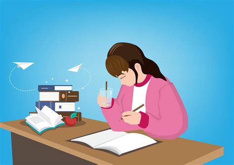 Girl Doing Homework And Reading For Exams With Intention Cute Female Character Images Flat