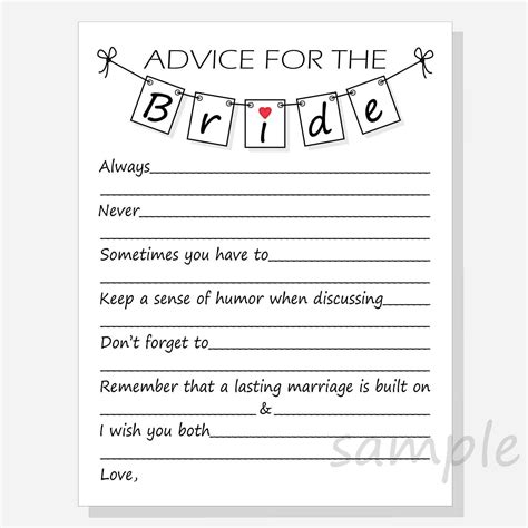 Diy Advice For The Bride Printable Cards For A Bridal Shower