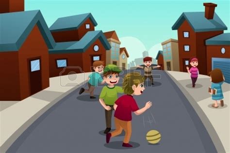 A Vector Illustration Of Happy Kids Playing In The Street Of A Suburban