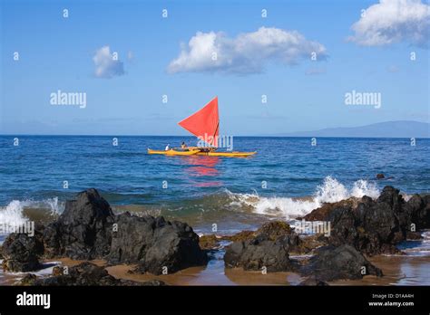 Hawaii Maui Wailea Traditional Hawaiian Sailing Canoe Off Coastline
