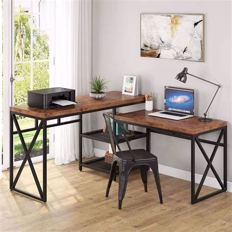 Tribesigns Solid Wood L Shaped Desk Industrial Sit Standing L Desk With Storage Shelves Rustic