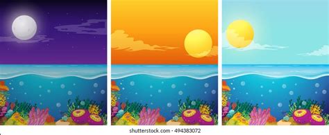 Ocean Scenes Different Times Day Illustration Stock Vector Royalty