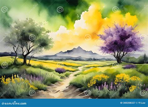 The Colorful Meadow With Vibrant Flowers And Calm Lake Surrounded By