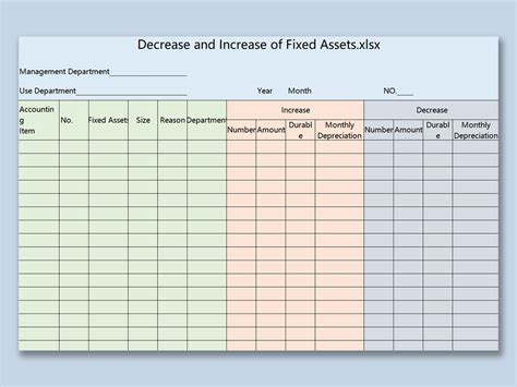 Excel Of Decrease And Increase Of Fixed Assets Xlsx Wps Free Templates