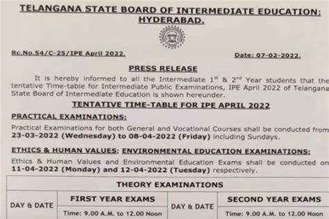 Telangana Inter Exam Dates 2022 Tentative Exam Schedule For 1st 2nd