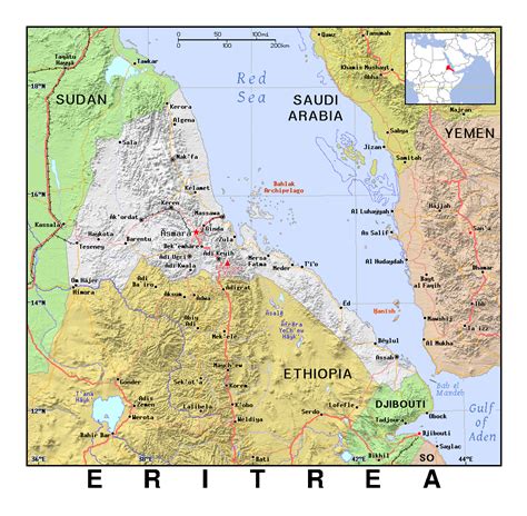 A former italian colony, it gained its independence from ethiopia in 1993 after a long, painful struggle. Detailed political map of Eritrea with relief | Eritrea | Africa | Mapsland | Maps of the World