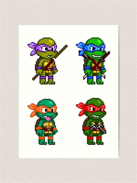 Four Pixel Art Prints Featuring Teenage Mutant Turtles And Ninjas Each With Different Colors