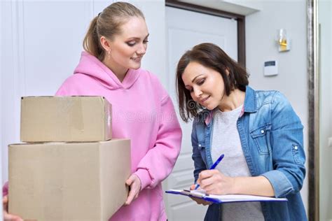 Online Shopping Delivery Service Courier Young Woman With Cardboard Boxes Stock Image Image