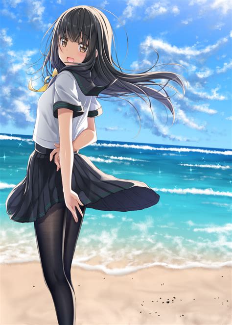 Safebooru 1girl D Arm Behind Back Bangs Beach Black Hair Black Legwear Black Sailor Collar