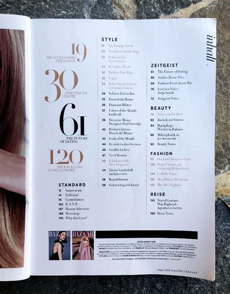 Inhaltsverzeichnis der Zeitschrift "Harper's Bazaar", Ausgabe 08/2018