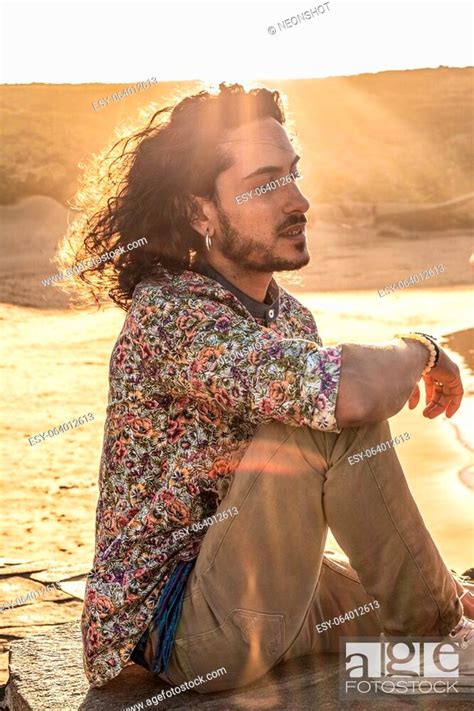 Boho Hippie Man Meditating On The Sandy Desert Serene People Stock