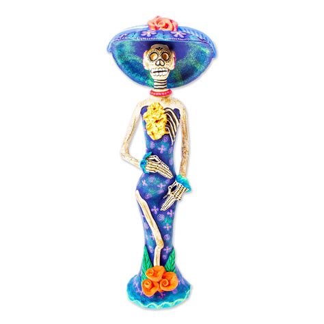 Hand Painted Catrina Sculpture In Ceramic Beauty Immortal In Blue