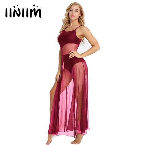 Iiniim Women Adult Spaghetti Strap Sleeveless Asymmetrical Mesh Maxi Dance Dress With Built In