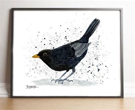 Blackbird Prints Watercolour Painting Black And White Bird Wall Art