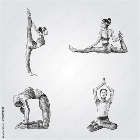 Set Of Hand Drawn Woman Practicing Yoga Poses Vector Illustration Of