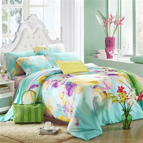 Aqua Blue Purple And Yellow Abstract Modern Floral Print Bedding Set