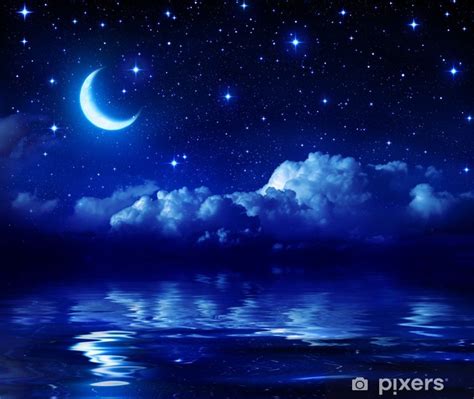 Poster Starry Night With Crescent Moon On Sea Pixersnl