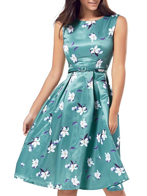 Green Xl Belted Printed High Waist Dress