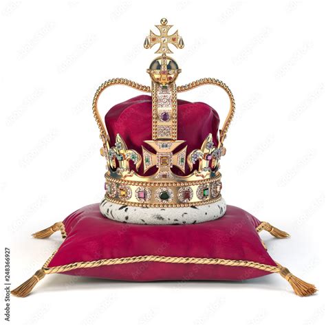 Golden Crown On Red Velvet Pillow For Coronation Royal Symbol Of
