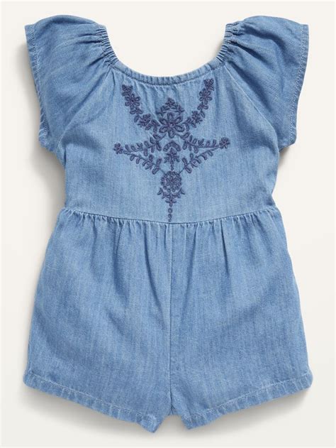 Matching Chambray Embroidered Flutter Sleeve Romper For Baby Old Navy