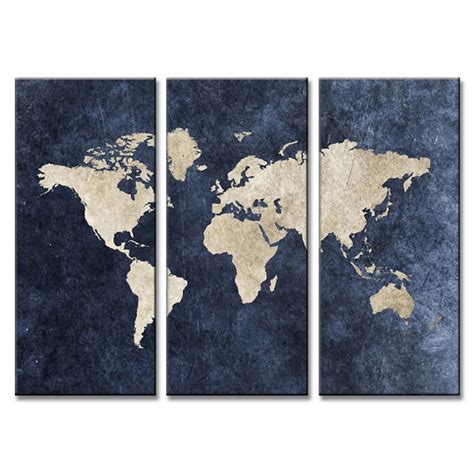 3 Panel Framed Modern Blue World Map Canvas Art Octo Treasure World