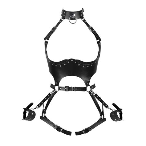 women adjust leather handcuffs bodysuit bondage body harness belt pole dance sexy lingerie punk