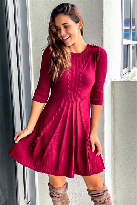 Burgundy Sweater Dress With Button Detail Short Dresses Saved By