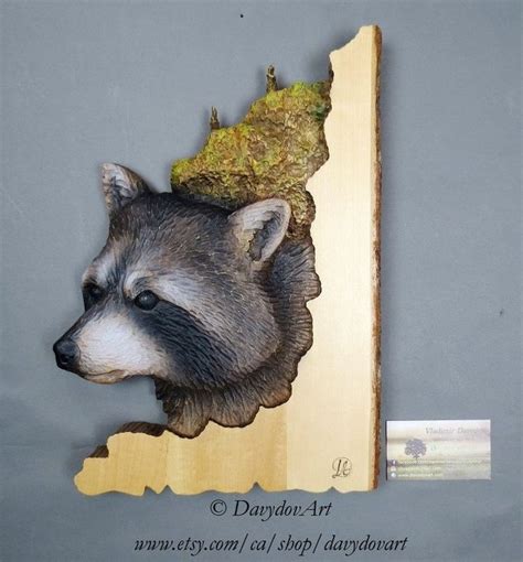 Raccoons Hand Carved On Wood Relief Sculpture Hand Painted Etsy
