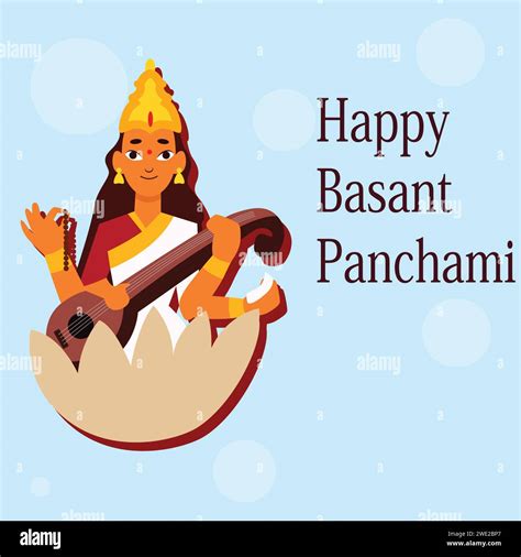 Vector Illustration Poster Of Happy Vasant Panchami Goddess Saraswati Sitting On Lotus Flower