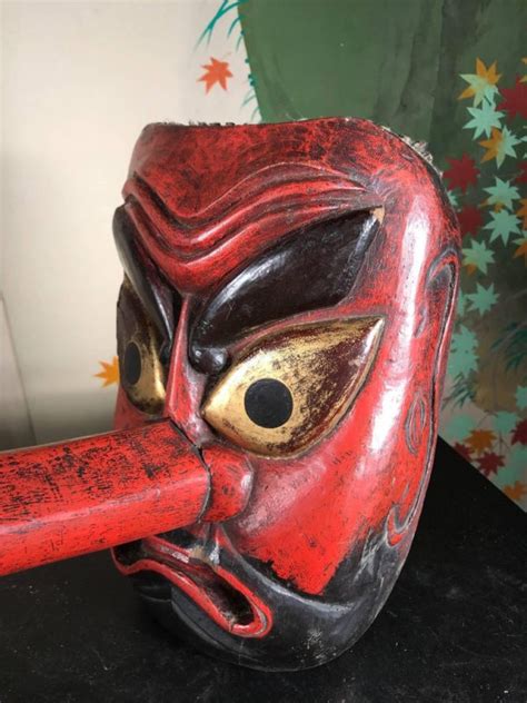 Big Japanese Old Forest God Mask Tengu Dramatic Nose Signed Th Century Schneible Fine Arts LLC